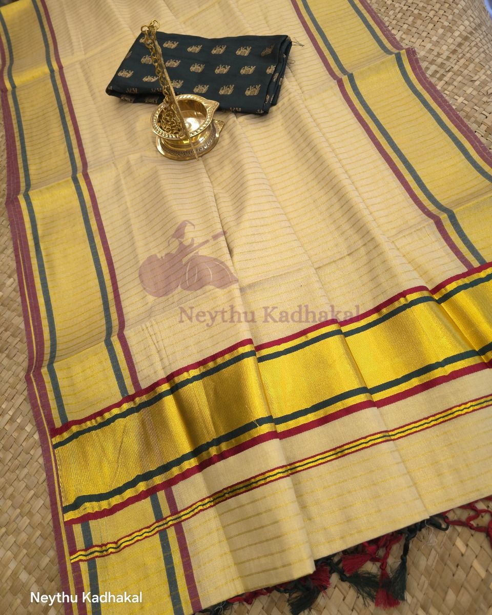 Maroon & Bottle Green - Tissue Saree with Lines & Tassels thumbnail 4