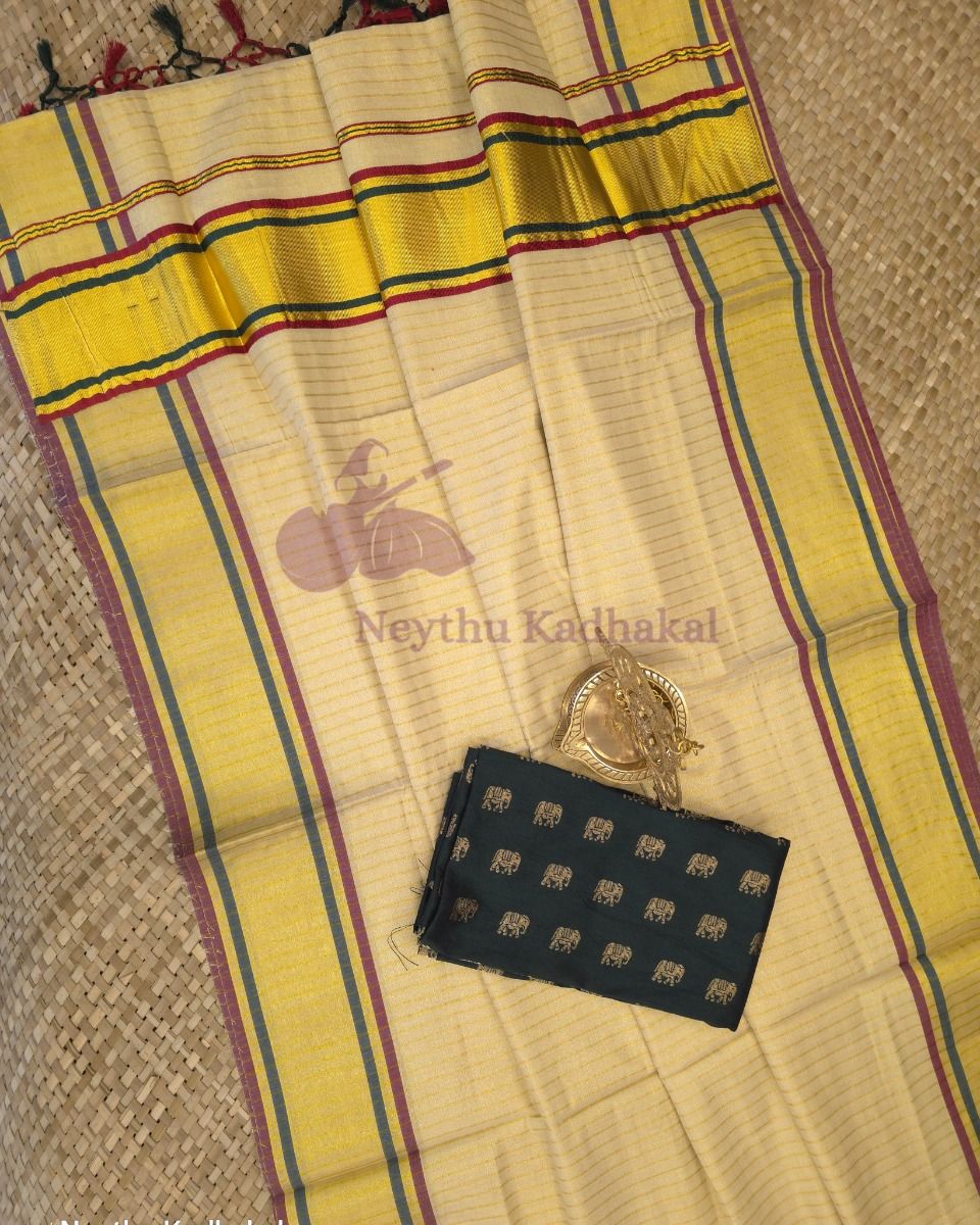 Maroon & Bottle Green - Tissue Saree with Lines & Tassels thumbnail 3