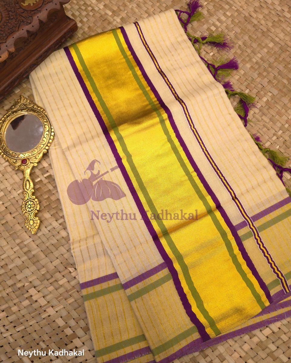 Olive green & Purple Tissue Saree with Lines & Tassels