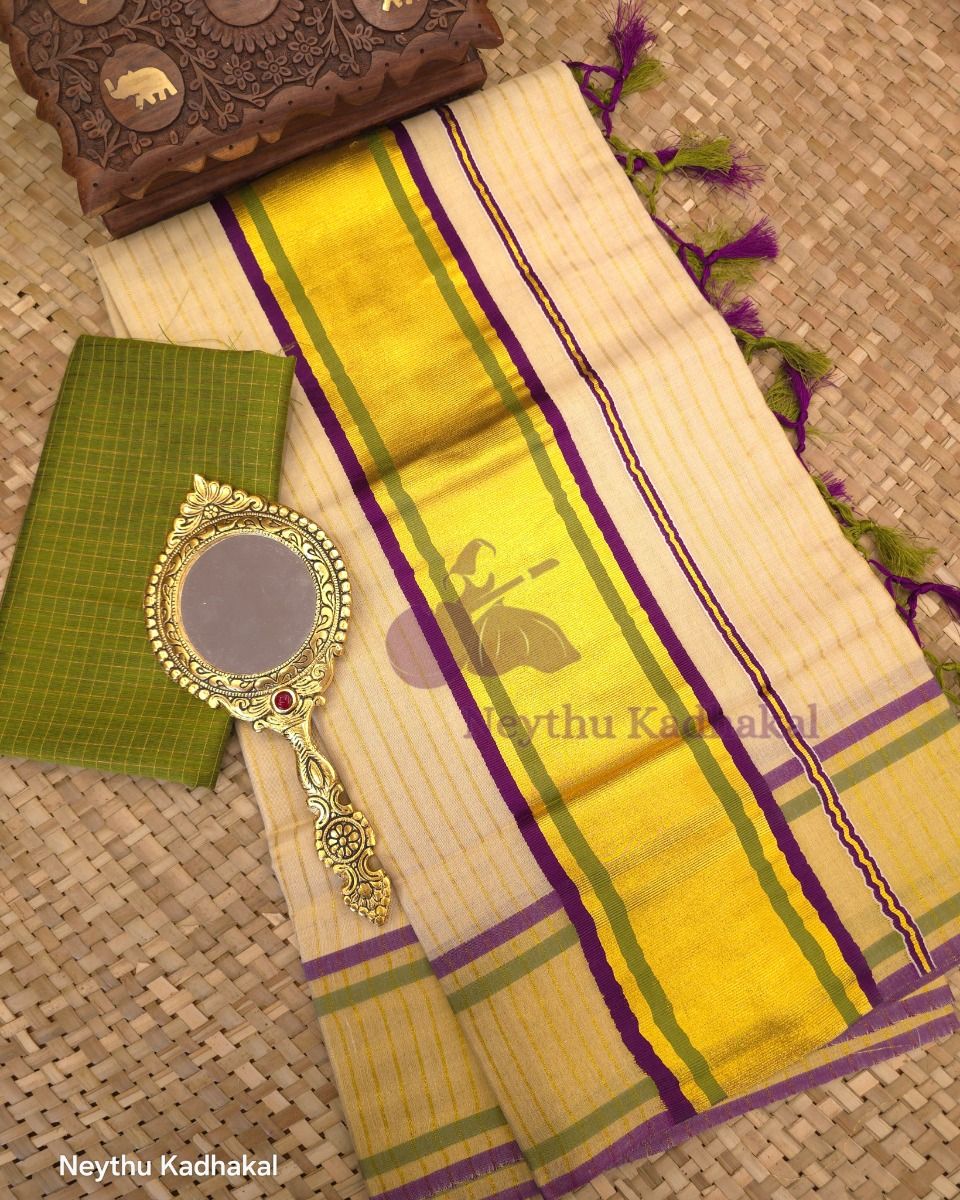 Olive green & Purple Tissue Saree with Lines & Tassels thumbnail 2