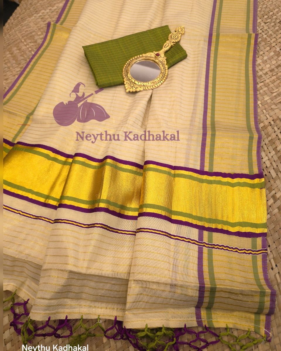 Olive green & Purple Tissue Saree with Lines & Tassels thumbnail 4