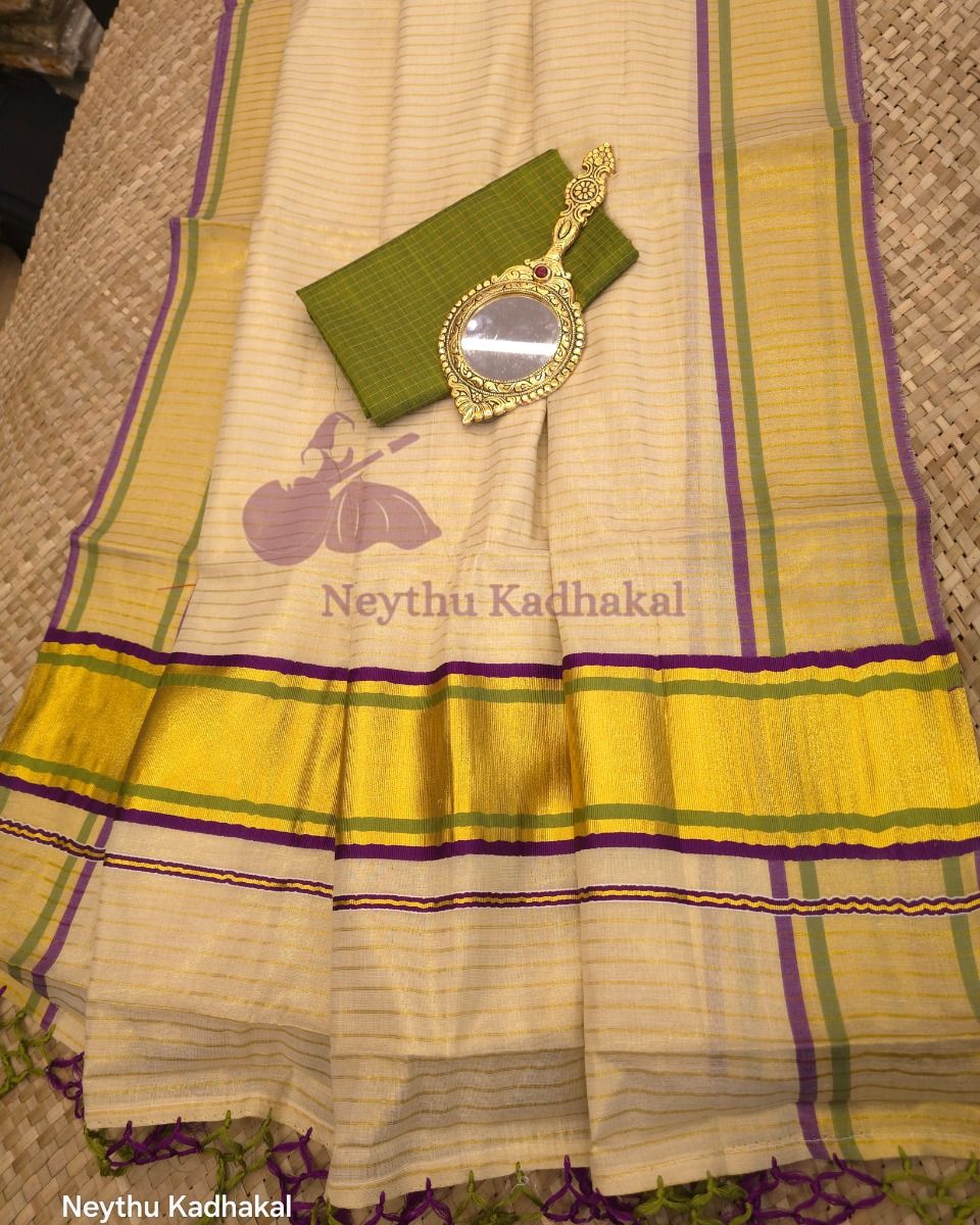 Olive green & Purple Tissue Saree with Lines & Tassels thumbnail 5