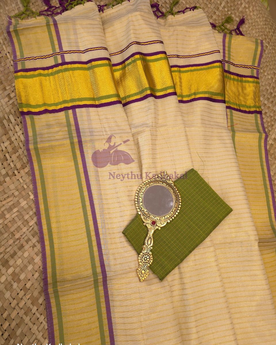 Olive green & Purple Tissue Saree with Lines & Tassels thumbnail 3
