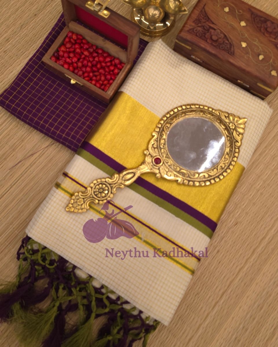 Purple & Olive Green - Checked Kasav With Tassels thumbnail 2