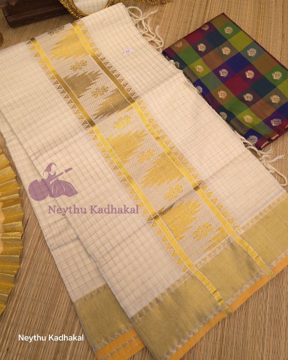 Checked Kasav Saree With Tussels - Kasav SS thumbnail 3
