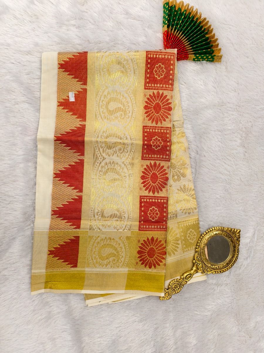 COTTON BOR COLOR PUTTA KASAVU SET - Red & Kasavu Woked Set Saree