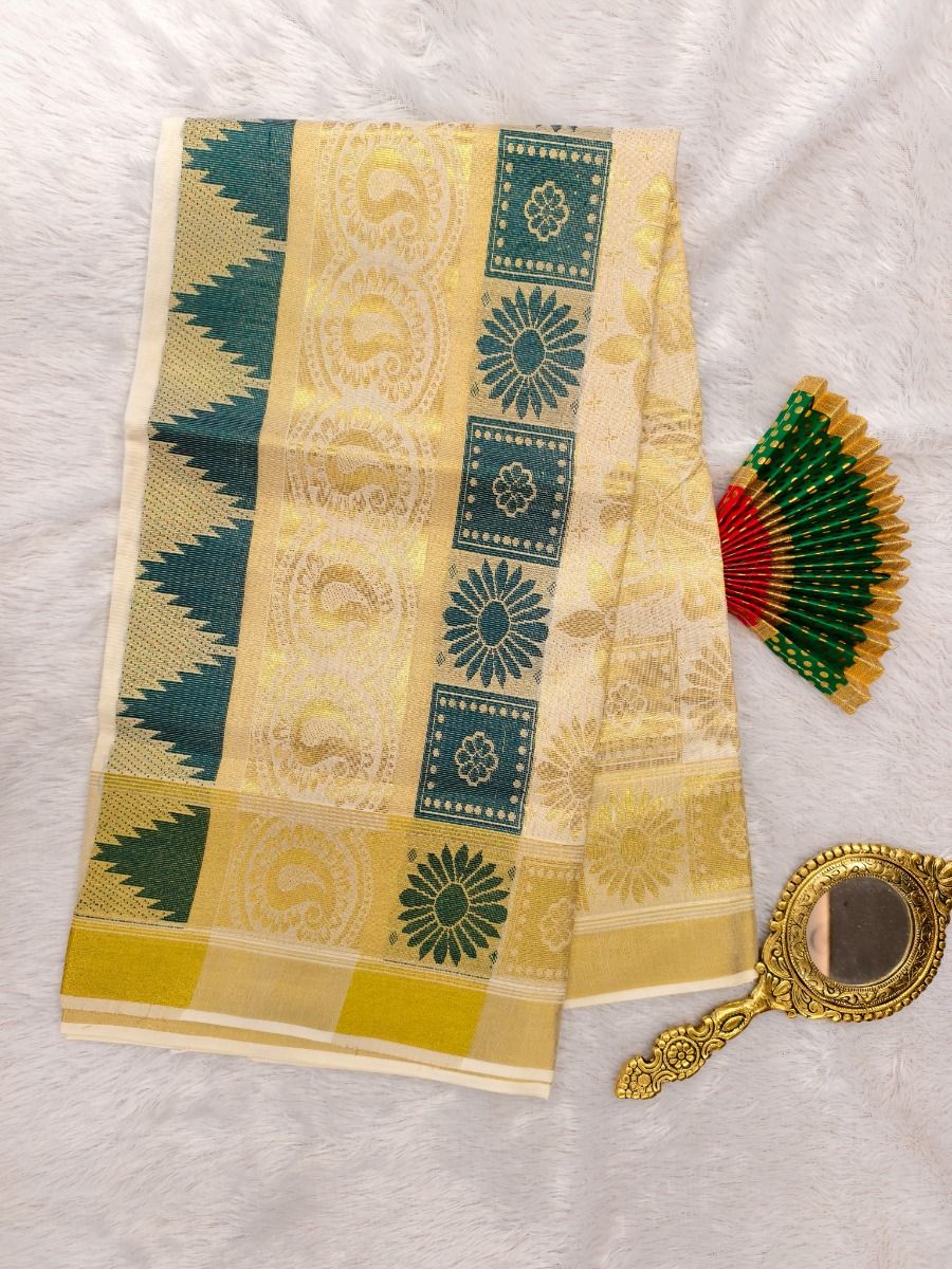 COTTON BOR COLOR PUTTA KASAVU SET - Peacockgreen & Kasavu Woked Set Saree