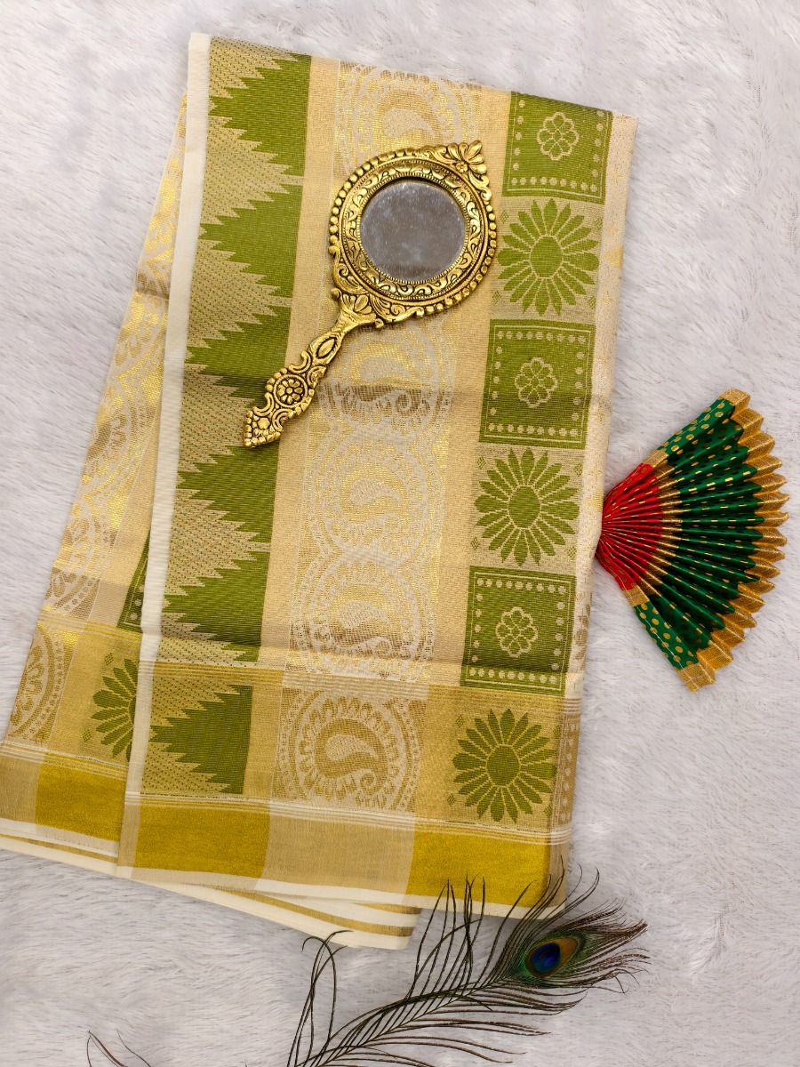 COTTON BOR COLOR PUTTA KASAVU SET - Lightgreen & Kasavu Woked Set Saree