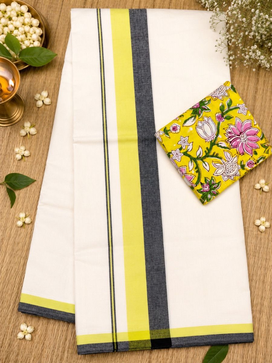 Black & LimeYellow - Chemandhikkara Set Saree