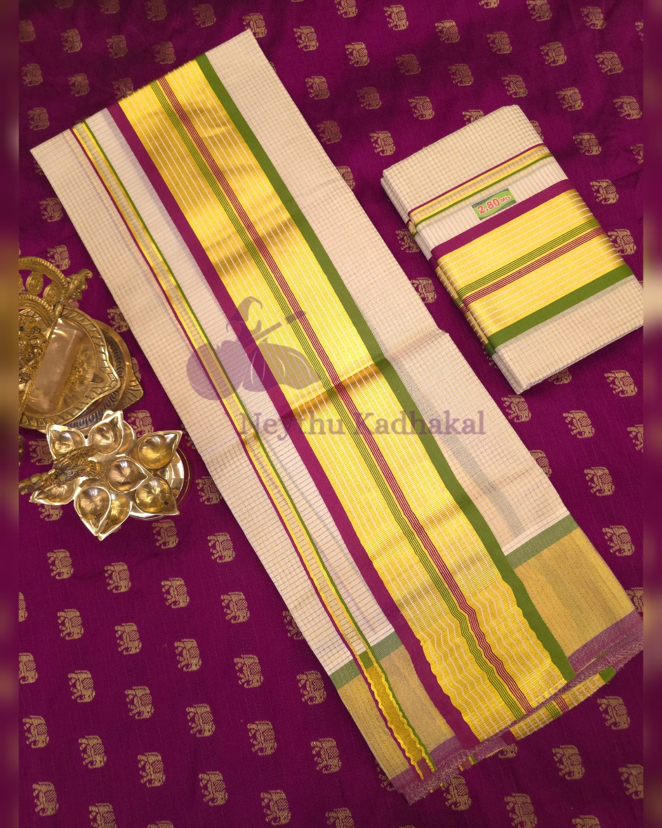 4*4 MICRO Check LJ Set Mund - Vadamalli & Light Green Goldenline Kasavu