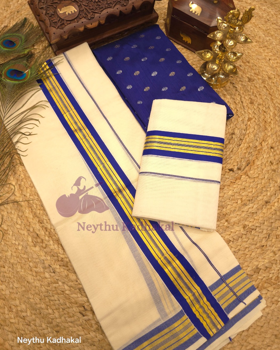 Kara  with kasavu- Blue With 2Inch Golden Kara