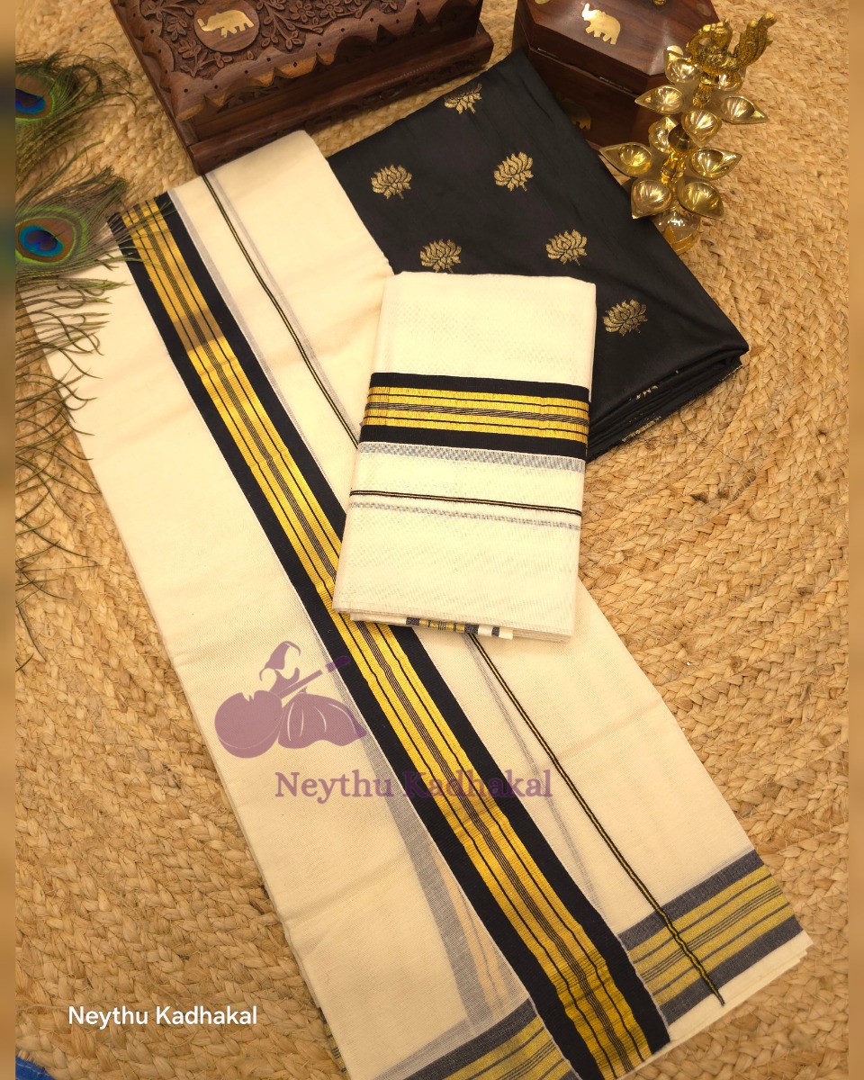 Kara  with kasavu-NK6 - Black With 2Inch Golden Kara