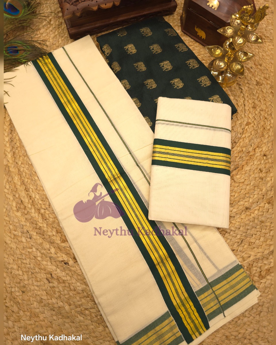 Kara with kasavu - Dark Green With 2Inch Golden Kara