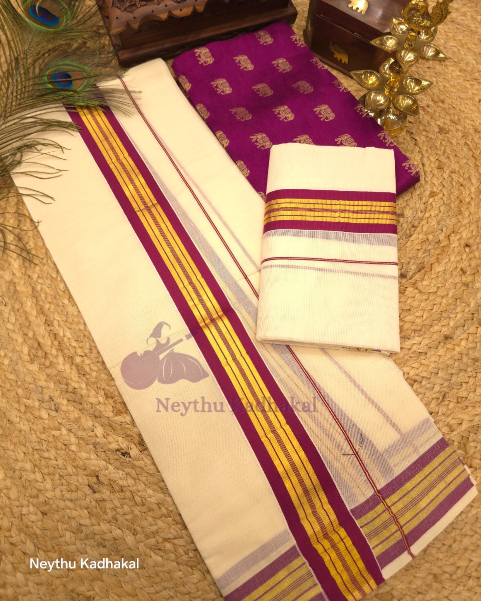 Kara  with kasavu- Purple With 2Inch Golden Kara