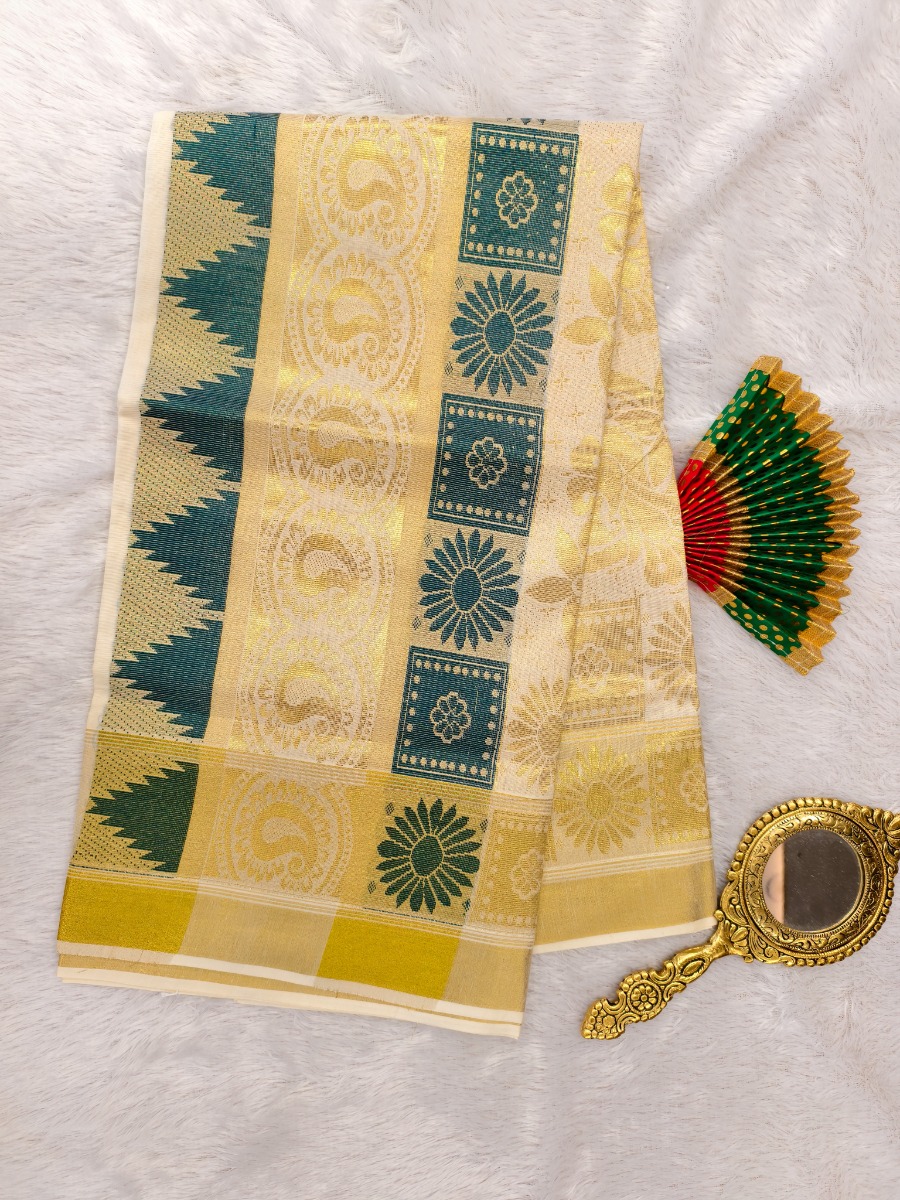 COTTON BOR COLOR PUTTA KASAVU SET - Peacockgreen & Kasavu Woked Set Saree