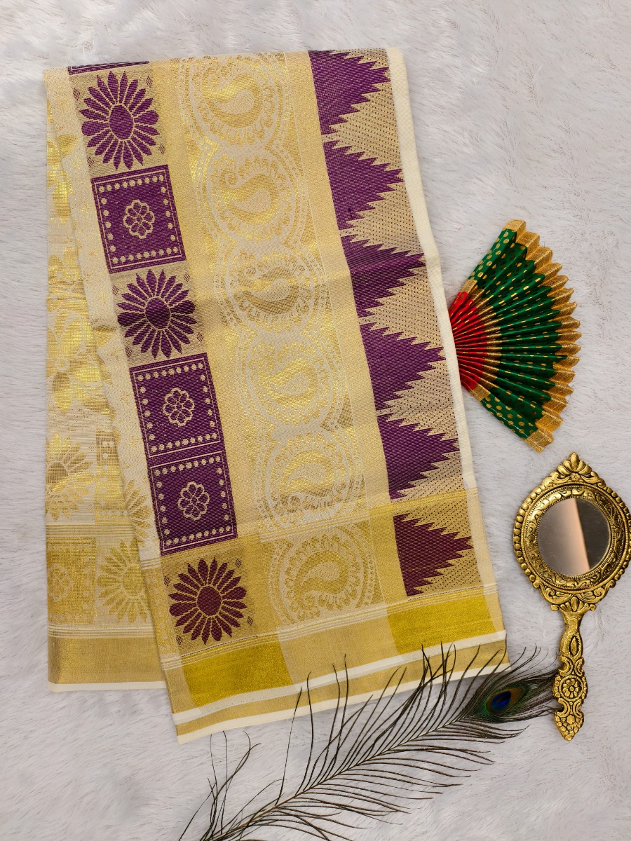 COTTON BOR COLOR PUTTA KASAVU SET - Violet & Kasavu Woked Set Saree