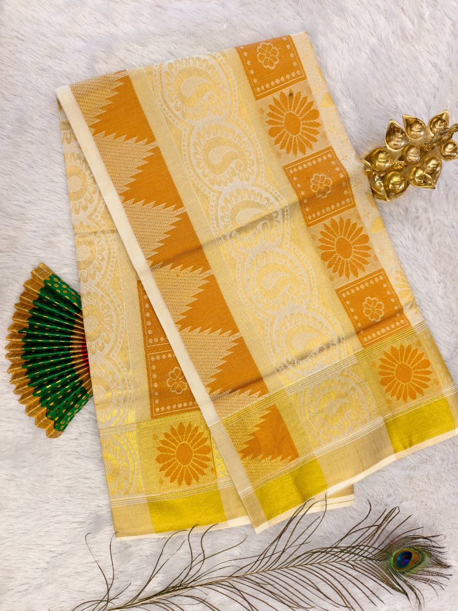 COTTON BOR COLOR PUTTA KASAVU SET - Orange & Kasavu Woked Set Saree